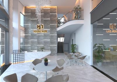 Thiết Kế Và Thi Công Vách Ngăn Logo Quầy Lễ Tân Văn Phòng | Công  Ty BĐS Hoàng Nam